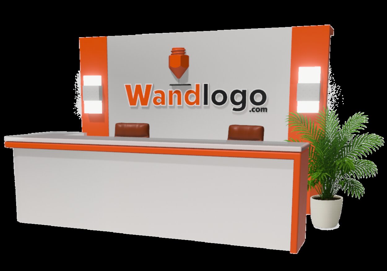Wandlogo an einer beleuchteten Wand im Empfangsbereich
